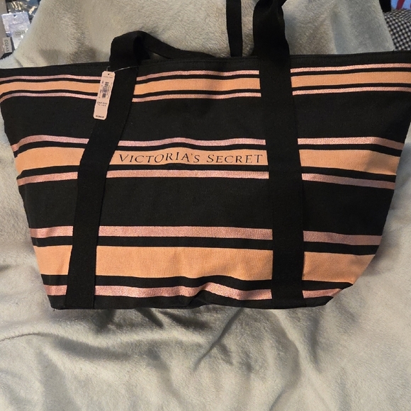 Victoria's Secret Handbags - Victoria's Secret NWT Black and Pink Striped Huge Canvas Tote Bag w/zip Closure